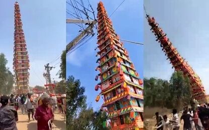 لحظه هولناک سقوط ارابه معبد ۳۰ متری روی جمعیت/ ویدئو