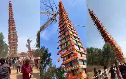 لحظه هولناک سقوط ارابه معبد ۳۰ متری روی جمعیت/ ویدئو